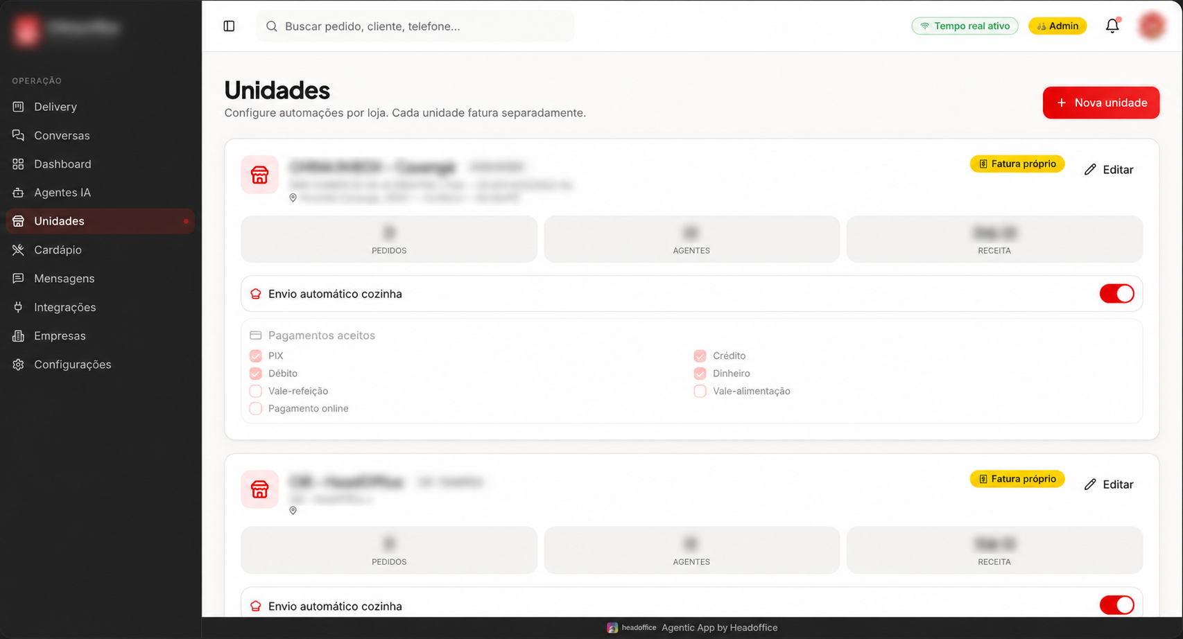 Configuração de unidades e automações por loja na plataforma HeadOffice